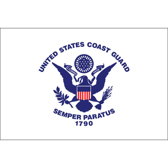 A rectangular flag with the United States Coast Guard insignia in the center, featuring a blue and white color scheme with the text 'Semper Paratus 1790'.
