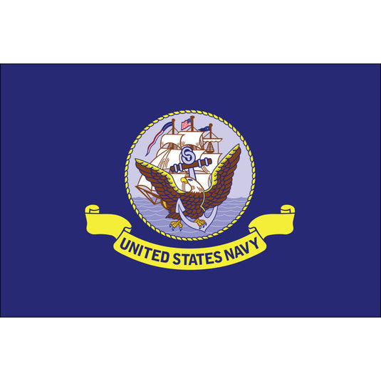 3'x5' Poly-Max™ U.S. Navy Flag – navy blue background with ship, eagle, anchor, and “United States Navy” banner.