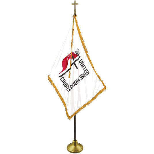 A rectangular nylon flag with a white background featuring the United Methodist Church emblem, which includes a red cross and the church's name, mounted on a gold-colored flagpole.