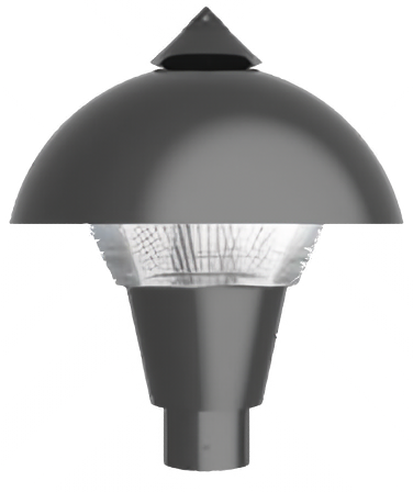 A gray Bayville post top LED light with a spun aluminum dome.