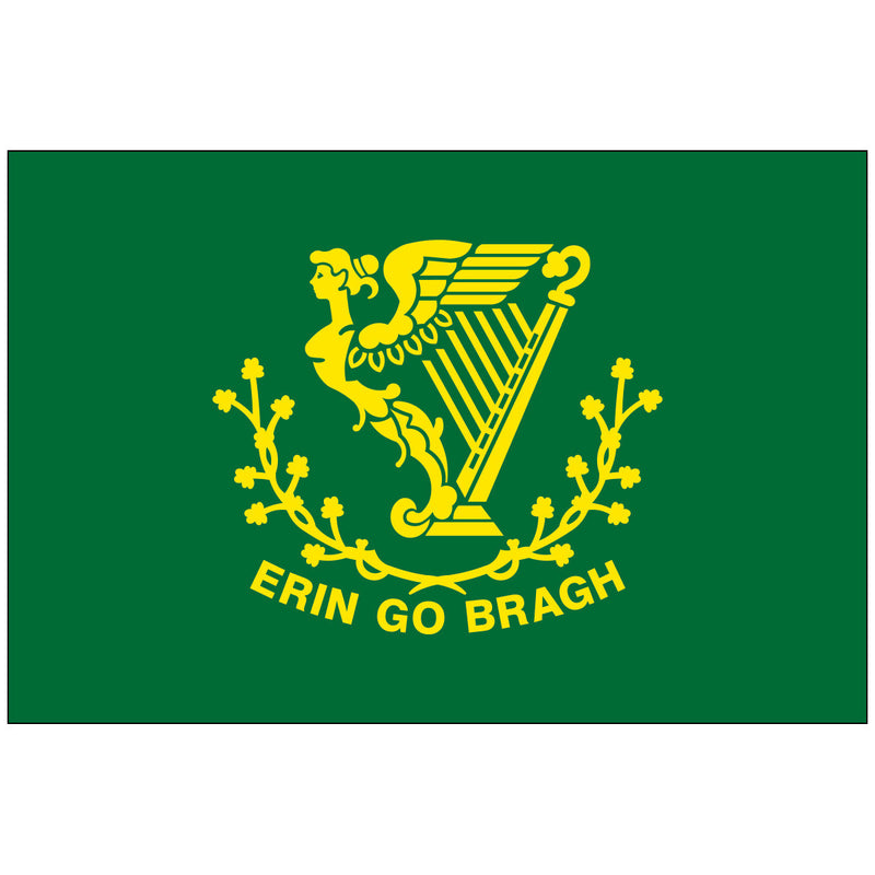 Load image into Gallery viewer, The Erin Go Bragh Nylon World Flag, featuring a solid dark green field. Centered on the flag is a detailed yellow design of the Irish harp surrounded by shamrocks and the motto "ERIN GO BRAGH" in yellow block lettering beneath it.
