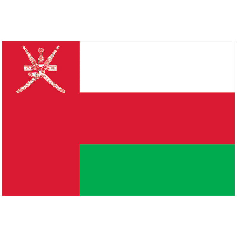 Load image into Gallery viewer, The national flag of Oman, with white, red, and green stripes, a vertical red bar, and the national emblem in the canton.
