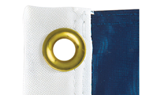 Close-up of a brass grommet set in a white canvas header attached to blue flag fabric, representing the flag grommet customization service.