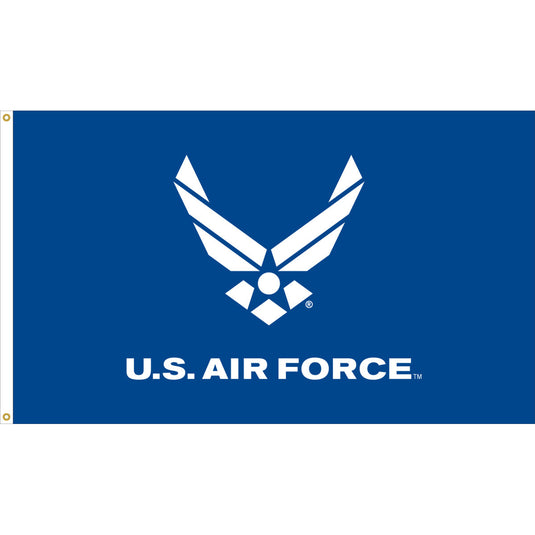 U.S. Air Force flag with white Air Force symbol and text on a blue nylon background, measuring 3 by 5 feet.
