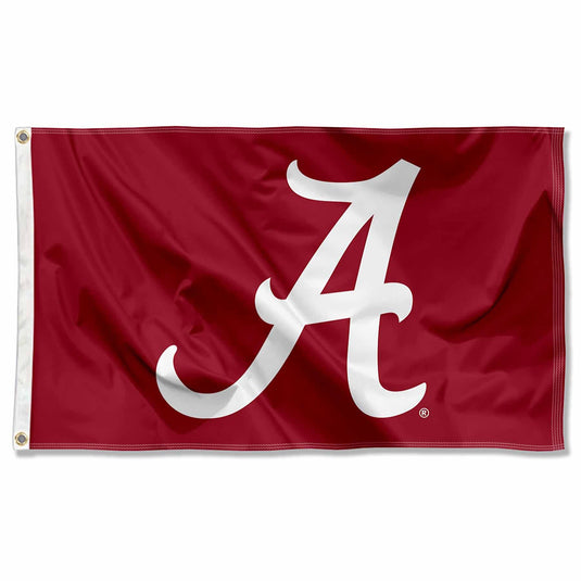Alabama Crimson Tide flag featuring a large white script “A” on a crimson background, made from deluxe 3x5 foot fabric.
