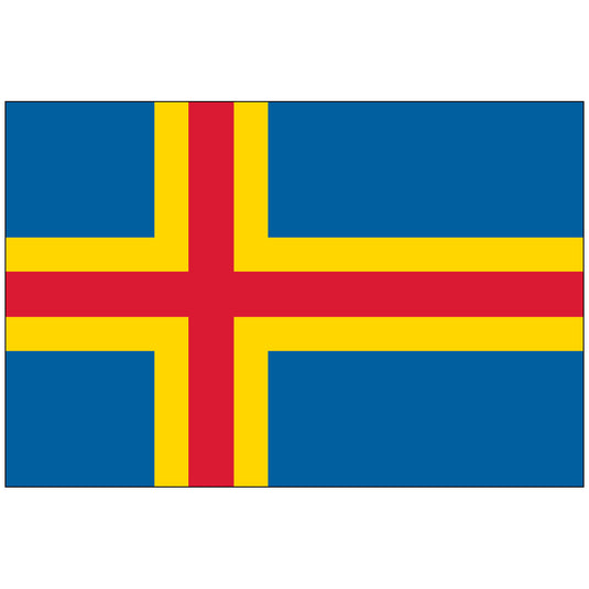 Åland Islands flag with a red Nordic cross outlined in yellow on a blue background, made of durable nylon fabric.