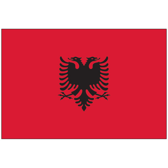 Albania flag with a black double-headed eagle centered on a red nylon background.
