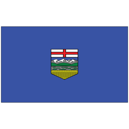 Alberta flag featuring the provincial coat of arms centered on a royal blue nylon background.