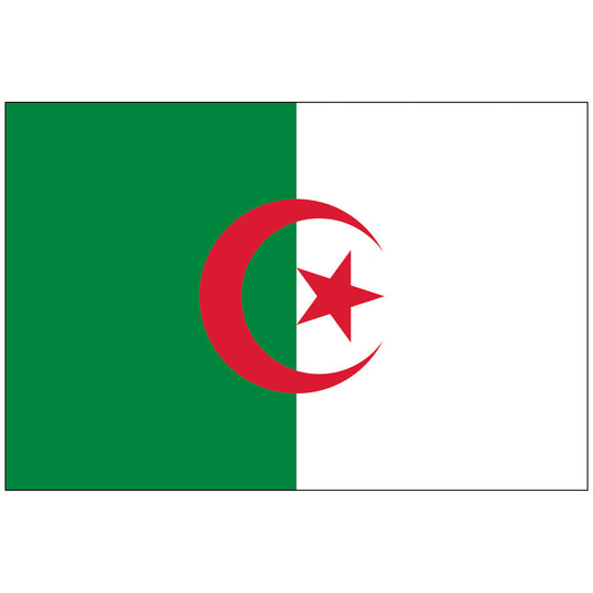 Algeria flag with vertical green and white halves and a red crescent and star centered, made of nylon fabric.