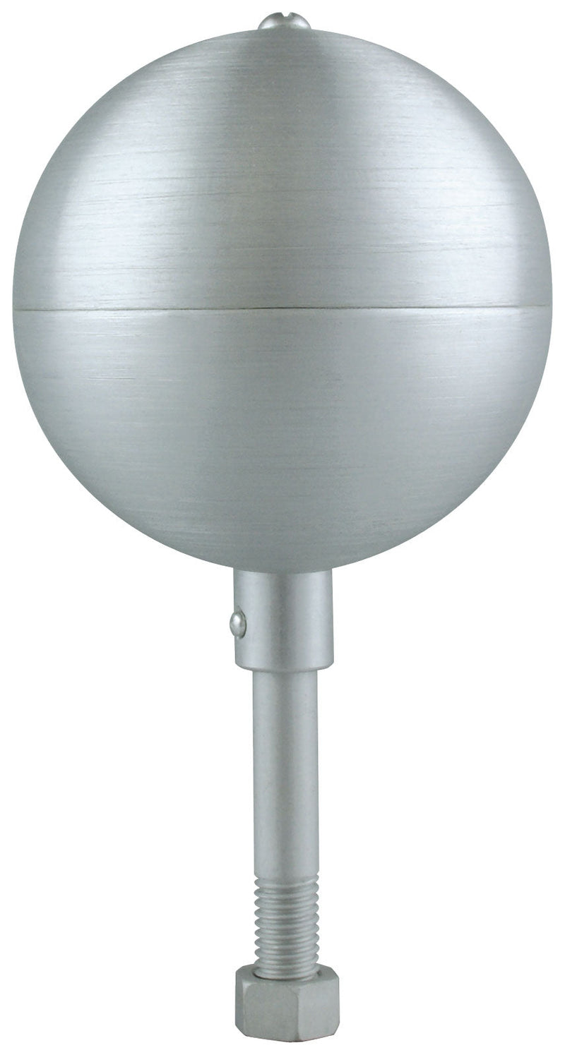 Load image into Gallery viewer, Brushed aluminum ball flagpole ornament with threaded mounting rod and nut.
