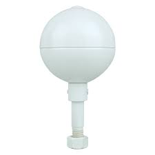 White aluminum ball flagpole ornament with threaded mounting rod and hex nut.
