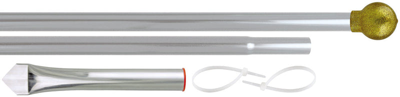 Load image into Gallery viewer, Two-piece silver aluminum display pole set with gold ball top, ground sleeve, and mounting ties.
