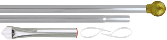 Two-piece silver aluminum display pole set with gold ball top, ground sleeve, and mounting ties.