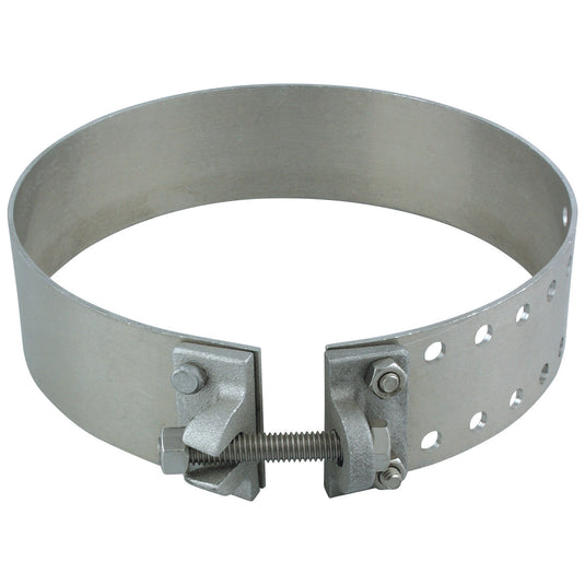 Heavy-duty aluminum electric way bracket strap with bolt and tension adjustment for securing flagpole hardware to poles or masts.