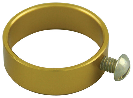 Gold anodized aluminum flag ring with tightening screw, designed to securely attach flags to indoor or parade flagpoles.