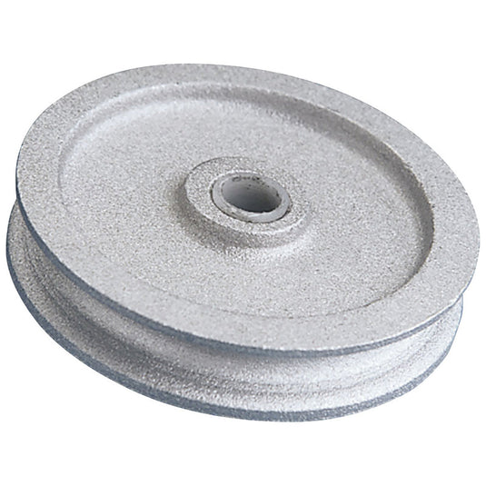 Silver aluminum pulley wheel with a grooved edge and center bore, designed for use in flagpole halyard systems to ensure smooth flag raising and lowering.