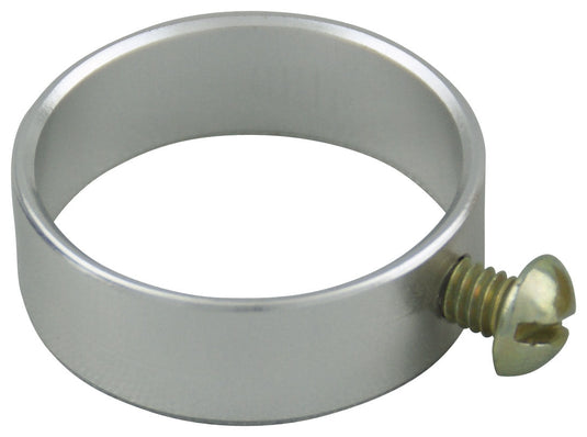 Silver aluminum flag ring with a slotted adjustment screw, designed to secure indoor or parade flags to display poles with a clean, polished finish.