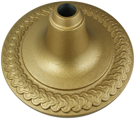 Gold-finished decorative indoor flagpole floor stand with embossed rope-style border detailing and a tapered center mount.