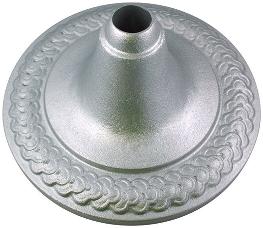 Silver-finished decorative indoor flagpole floor stand with embossed rope-style border detailing and a tapered center mount.