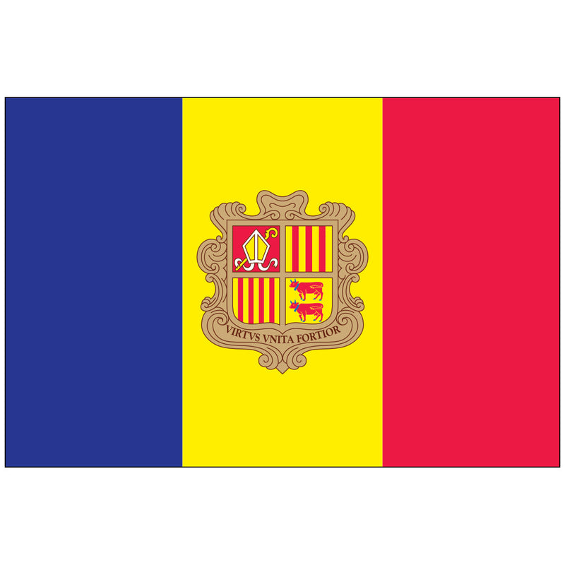 Load image into Gallery viewer, The national flag of Andorra, featuring blue, yellow, and red vertical stripes with the coat of arms centered on the yellow stripe.
