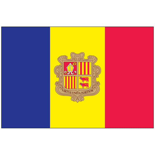 The national flag of Andorra, featuring blue, yellow, and red vertical stripes with the coat of arms centered on the yellow stripe.