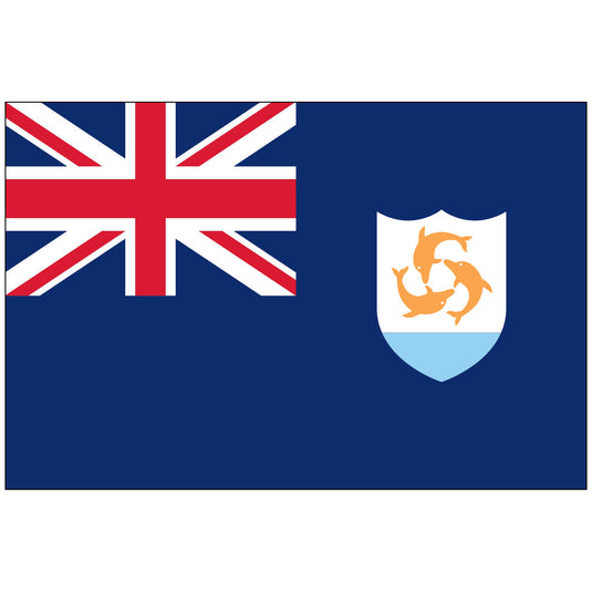 The flag of Anguilla, featuring a Blue Ensign design with the Union Jack and the Anguillan coat of arms showing three orange dolphins.