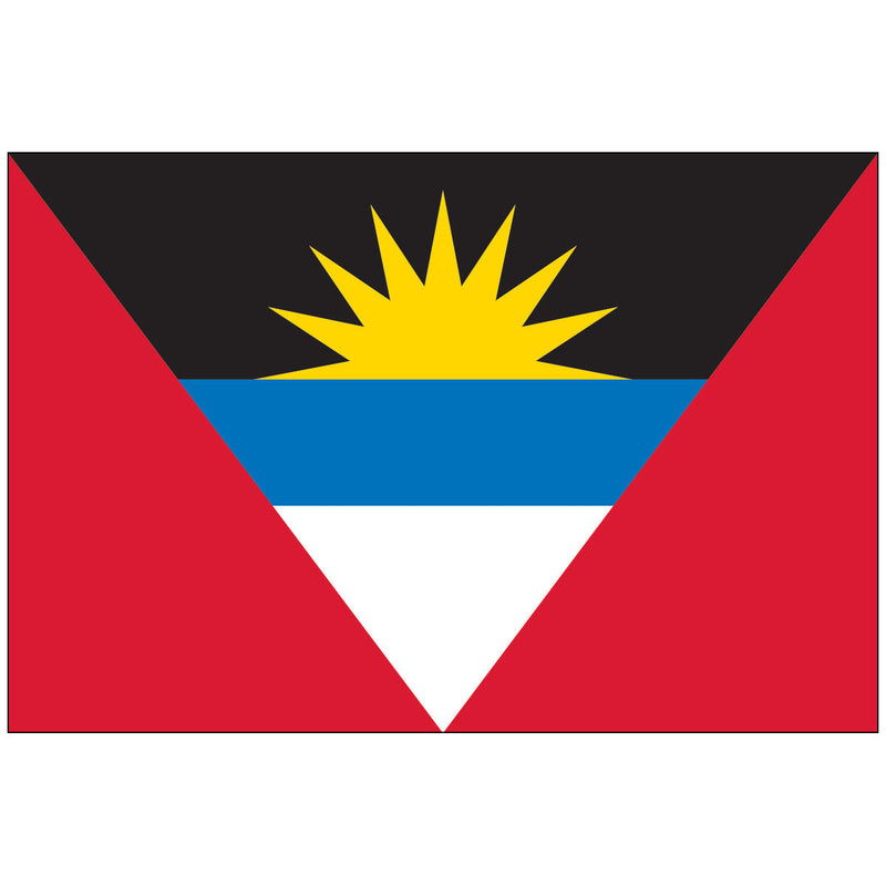 Load image into Gallery viewer, The national flag of Antigua and Barbuda, featuring a rising yellow sun on a field of black, blue, white, and red.
