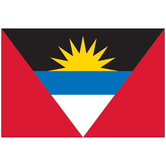 The national flag of Antigua and Barbuda, featuring a rising yellow sun on a field of black, blue, white, and red.