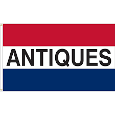 An 'ANTIQUES' message flag with horizontal stripes of red, white, and blue, featuring the word 'ANTIQUES' in bold black letters on the white stripe.