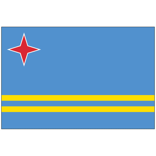 The national flag of Aruba, featuring a light blue field with two yellow horizontal stripes and a red, four-pointed star in the canton.
