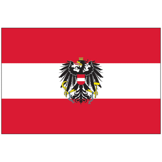 The state flag of Austria, featuring the Austrian coat of arms with its black eagle centered on the red and white stripes.