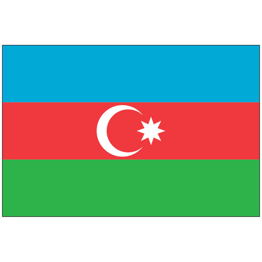 The national flag of Azerbaijan, featuring a tricolor of horizontal stripes in blue, red, and green, with a white crescent and an eight-pointed star centered on the red stripe.