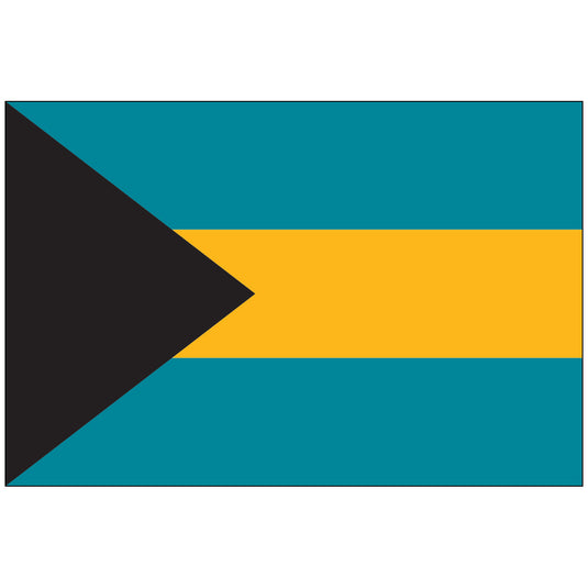 The national flag of the Bahamas, featuring a black triangle at the hoist with horizontal stripes of aquamarine, gold, and aquamarine.