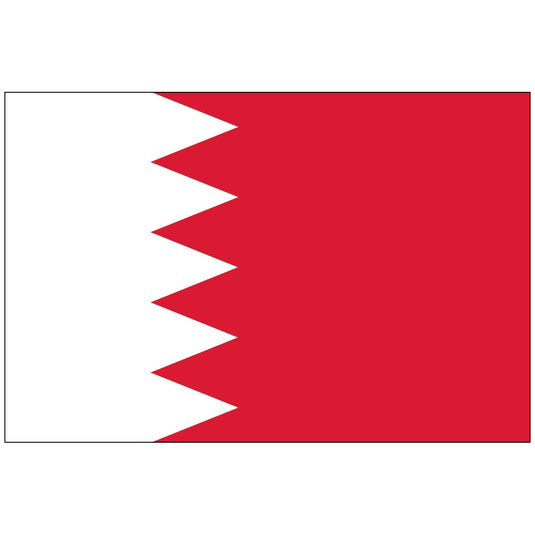 The national flag of Bahrain, featuring a white band on the hoist side separated from a larger red band by a serrated line with five white triangles.