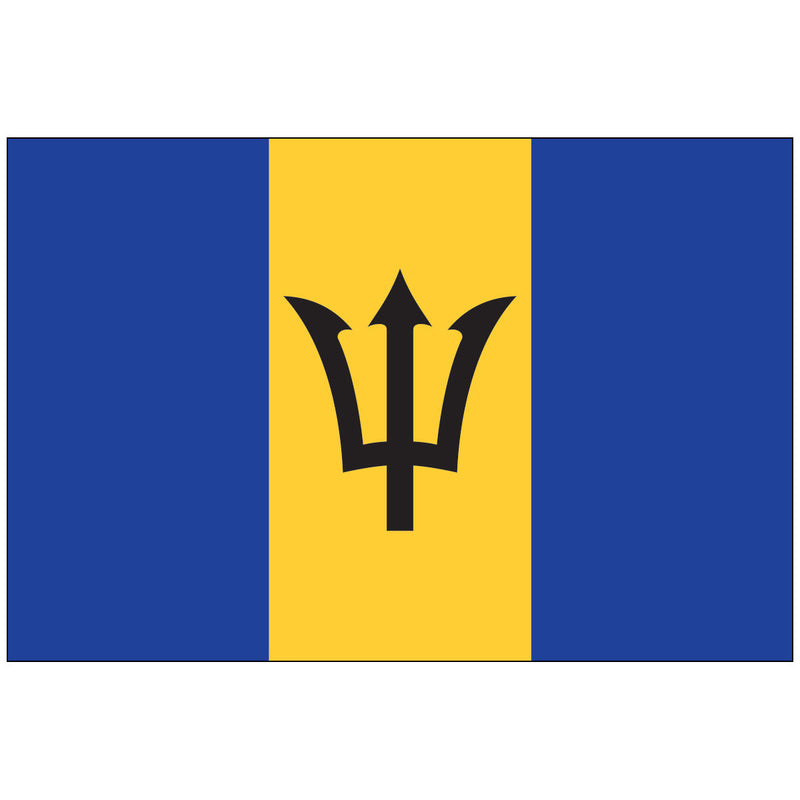 Load image into Gallery viewer, Flag of Barbados made of nylon, featuring the blue and gold vertical stripes with the black broken trident in the center.
