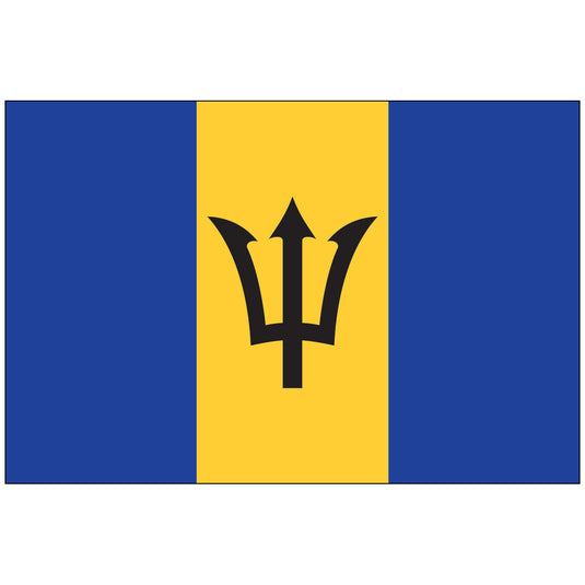 Flag of Barbados made of nylon, featuring the blue and gold vertical stripes with the black broken trident in the center.