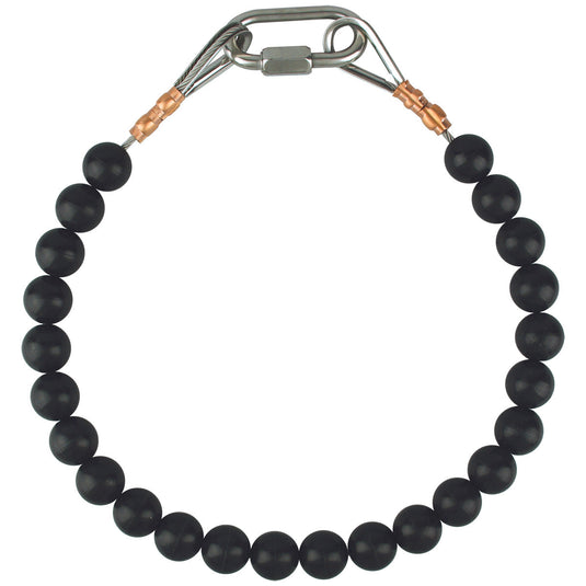 Black beaded flagpole retainer ring with strong polymer beads and metal fasteners, used to keep the flag close to the pole during windy conditions.
