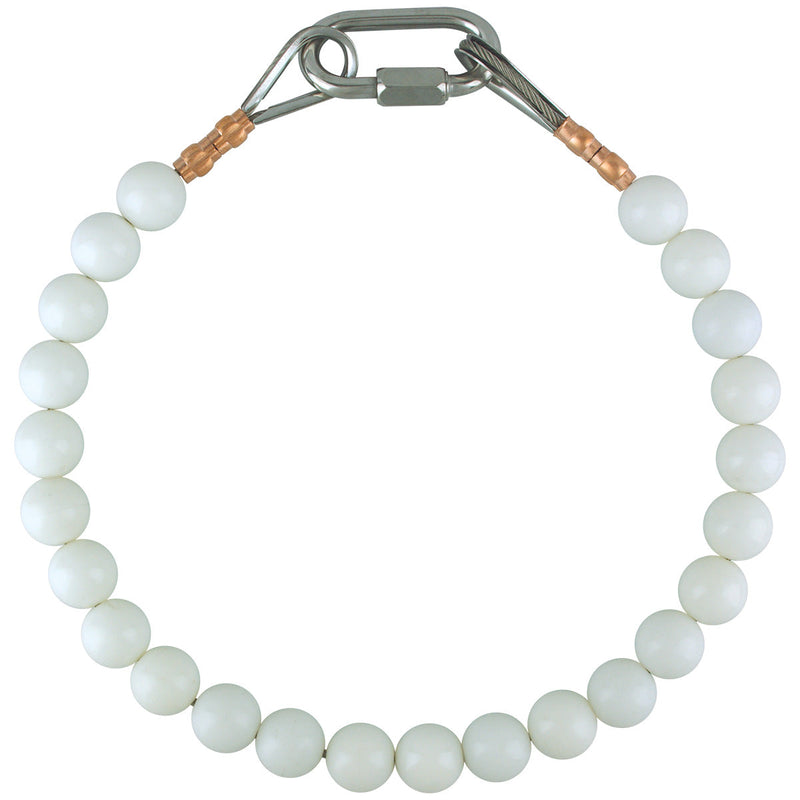 Load image into Gallery viewer, White beaded flagpole retainer ring made of durable nylon balls on a stainless-steel cable with copper crimps and a quick-link connector.

