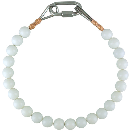 White beaded flagpole retainer ring made of durable nylon balls on a stainless-steel cable with copper crimps and a quick-link connector.