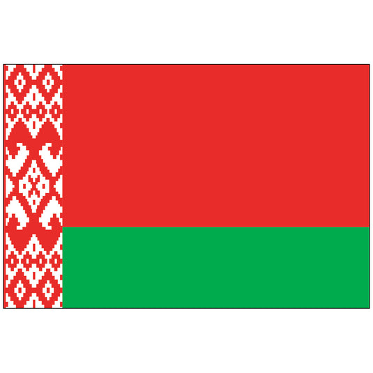 Nylon flag of Belarus with a red and green horizontal design and a traditional white-and-red ornamental pattern on the hoist side, representing national heritage and culture.