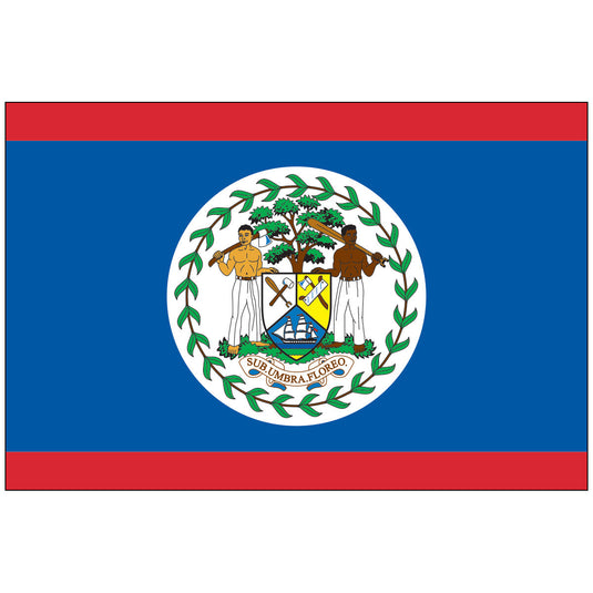 Nylon flag of Belize featuring a blue field with red borders at the top and bottom, centered with the national coat of arms surrounded by a green wreath and two figures representing the country’s diverse heritage.