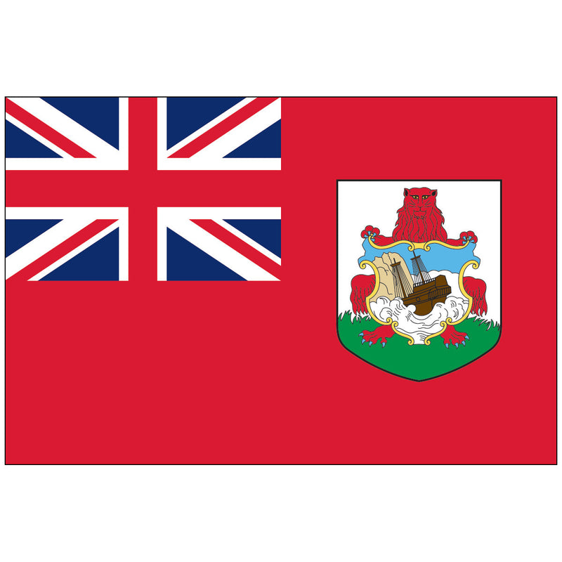 Load image into Gallery viewer, Nylon flag of Bermuda featuring a red field with the Union Jack in the canton and the territory’s coat of arms on the fly side, depicting a red lion holding a shield with a shipwreck.
