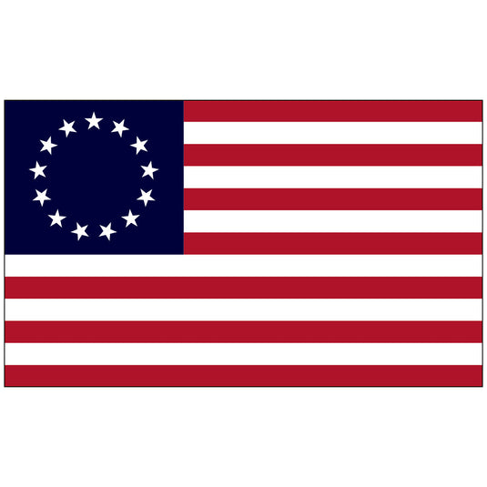 Historical Betsy Ross flag featuring thirteen red and white stripes with a navy blue canton containing thirteen white stars arranged in a circle, symbolizing the original thirteen colonies of the United States.