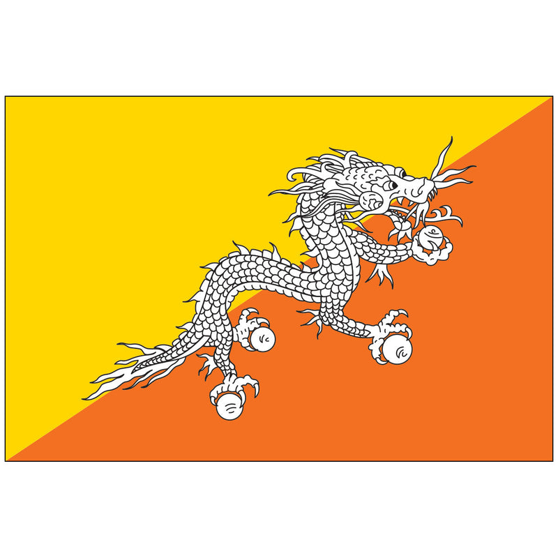 Load image into Gallery viewer, Nylon flag of Bhutan featuring a diagonal design of yellow and orange with a white dragon holding jewels in its claws, symbolizing spiritual and secular authority and national prosperity.
