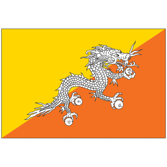 Nylon flag of Bhutan featuring a diagonal design of yellow and orange with a white dragon holding jewels in its claws, symbolizing spiritual and secular authority and national prosperity.