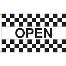 Black and white checkered flag with alternating squares and the bold word “OPEN” across the center, used to signal that a business is open.