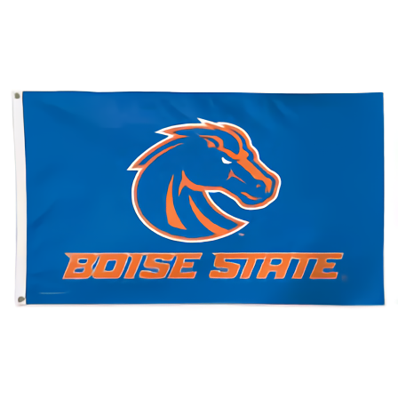 Blue Boise State Broncos deluxe 3x5 flag featuring the team’s orange and blue bronco head logo above bold orange “Boise State” text, with reinforced edges and brass grommets for display.