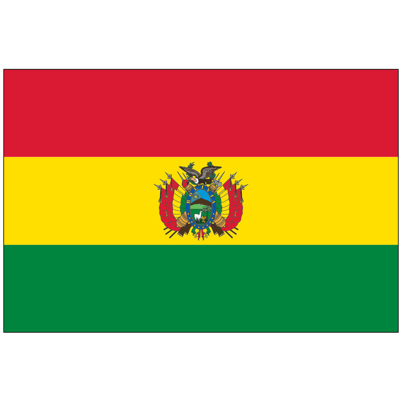 Load image into Gallery viewer, Horizontal tricolor flag of Bolivia featuring red, yellow, and green stripes with the Bolivian coat of arms centered on the yellow band.
