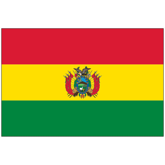 Horizontal tricolor flag of Bolivia featuring red, yellow, and green stripes with the Bolivian coat of arms centered on the yellow band.
