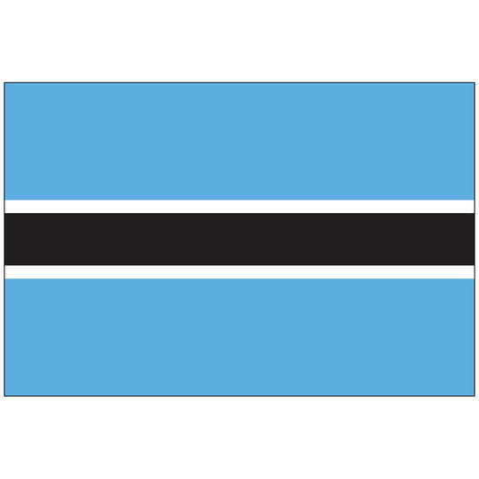 Flag of Botswana featuring a light blue field with a horizontal black stripe bordered by thin white stripes across the center, symbolizing water, racial harmony, and unity.